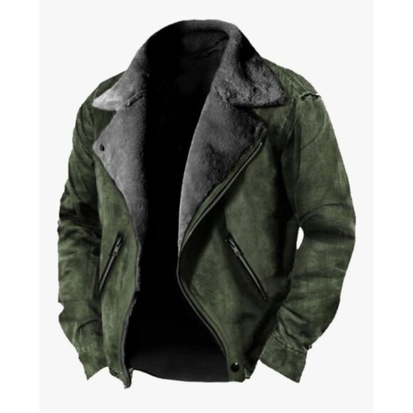 Adhdyuud Mens Faux Suede & Faux Fur Green Biker Jacket XXL - Picture 1 of 9